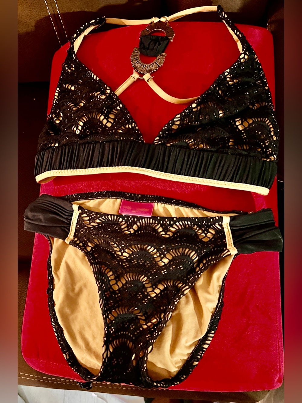 Betsey Johnson Black Crochet Lace Bikini Set Nude Lining XS